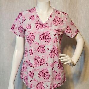 GT Performance Pinks Hearts Ribbons Awareness Support Scrubs Top Small